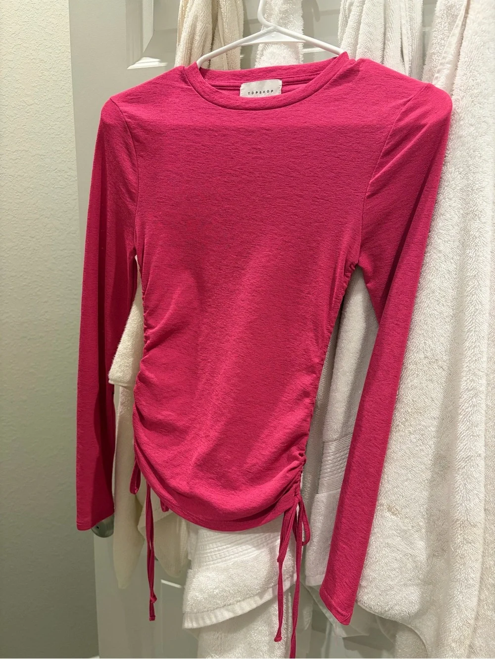 Topshop Hot Pink Long-Sleeve Side-Tie Ruched Tee